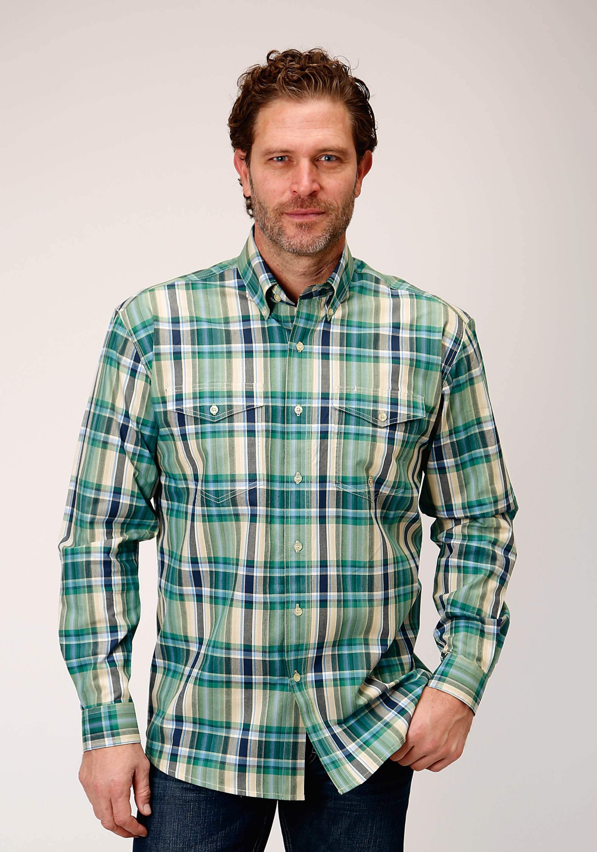 Roper Mens Long Sleeve Button Ocean Plaid Western Shirt Tall Fit - Roper - Flyclothing LLC