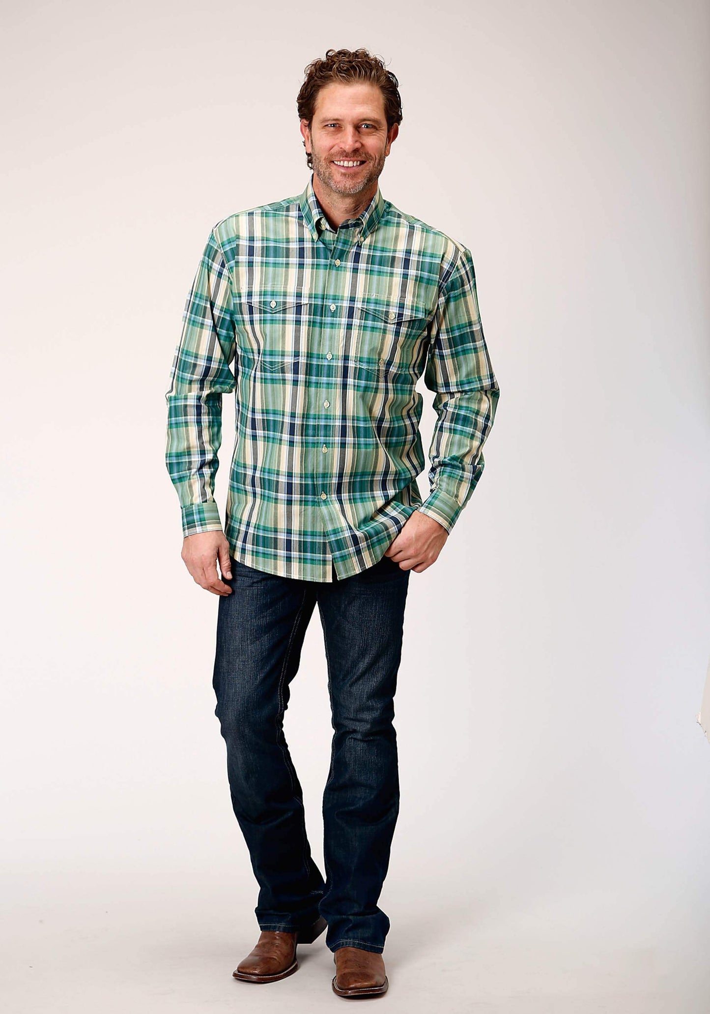 Roper Mens Long Sleeve Button Ocean Plaid Western Shirt Tall Fit - Roper - Flyclothing LLC
