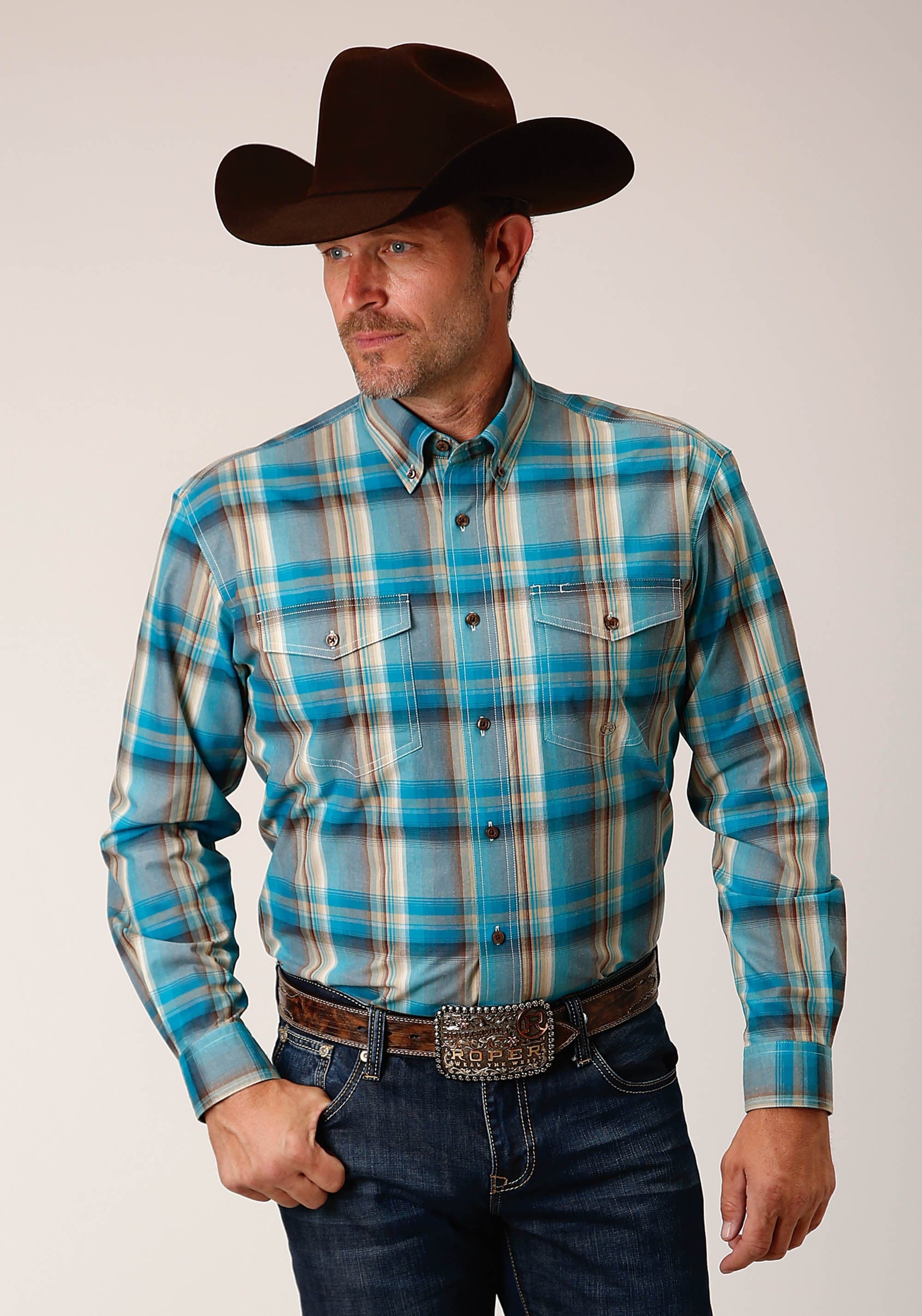 Roper Mens Long Sleeve Button Sandy Turquoise Plaid Western Shirt Tall Fit - Roper