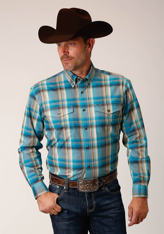 Roper Mens Long Sleeve Button Sandy Turquoise Plaid Western Shirt Tall Fit - Roper