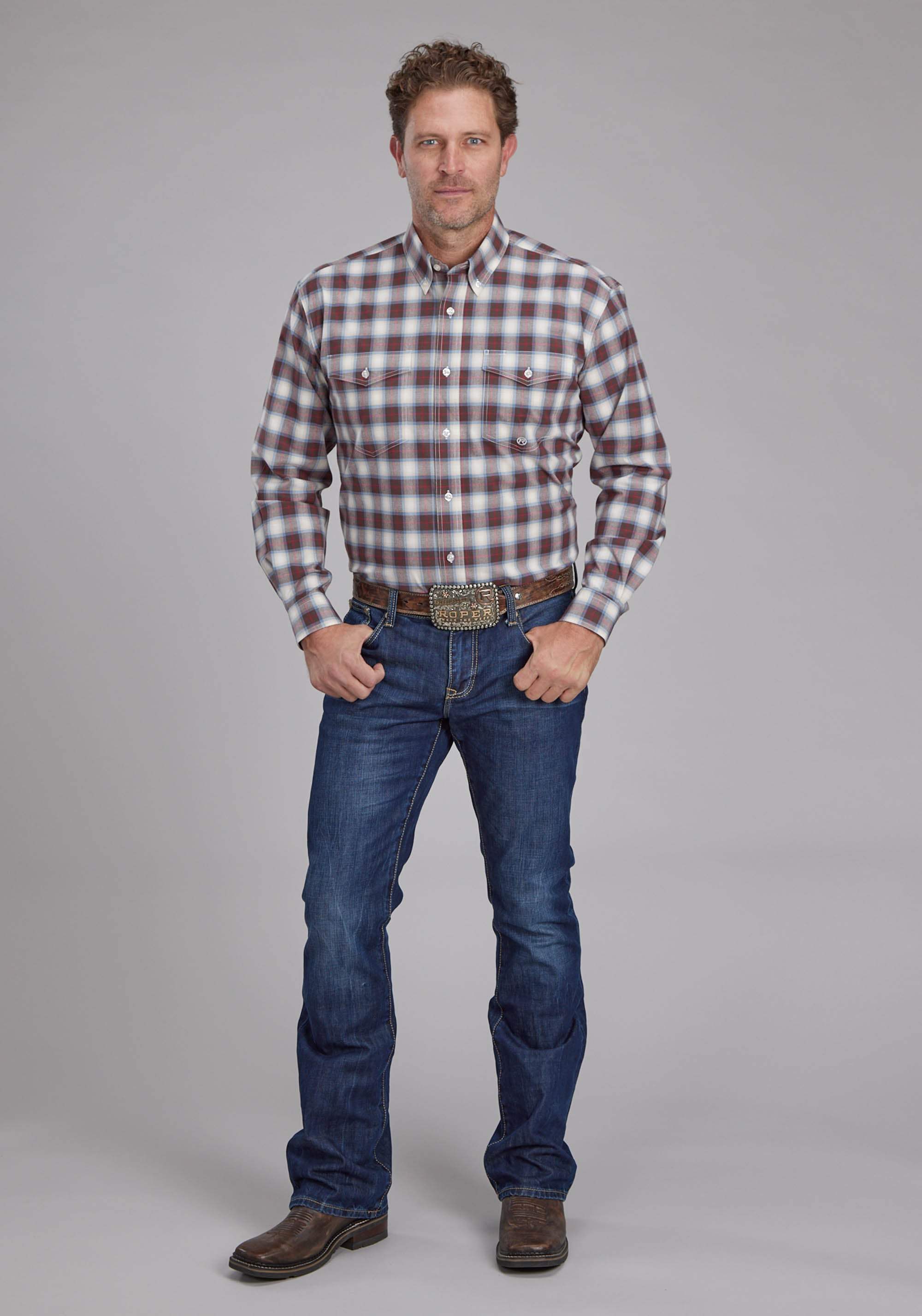 Roper Mens Stretch Plaid - Brown Long Sleeve Button Western Shirt - Roper - Flyclothing LLC