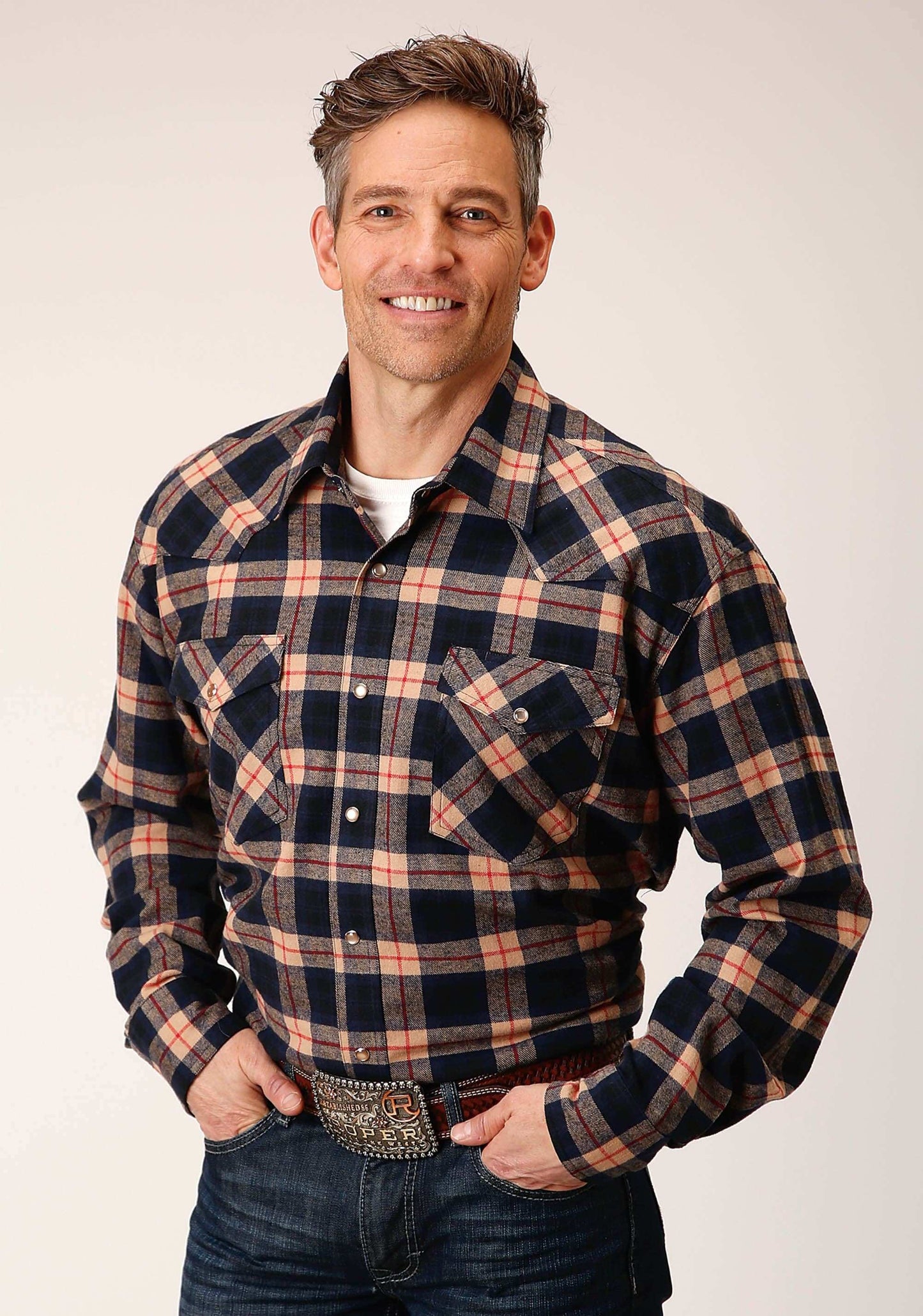 Roper Mens Long Sleeve Snap Unlined Tan Navy And Red Flannel Plaid Shirt Western Shirt Tall Fit - Roper - Flyclothing LLC