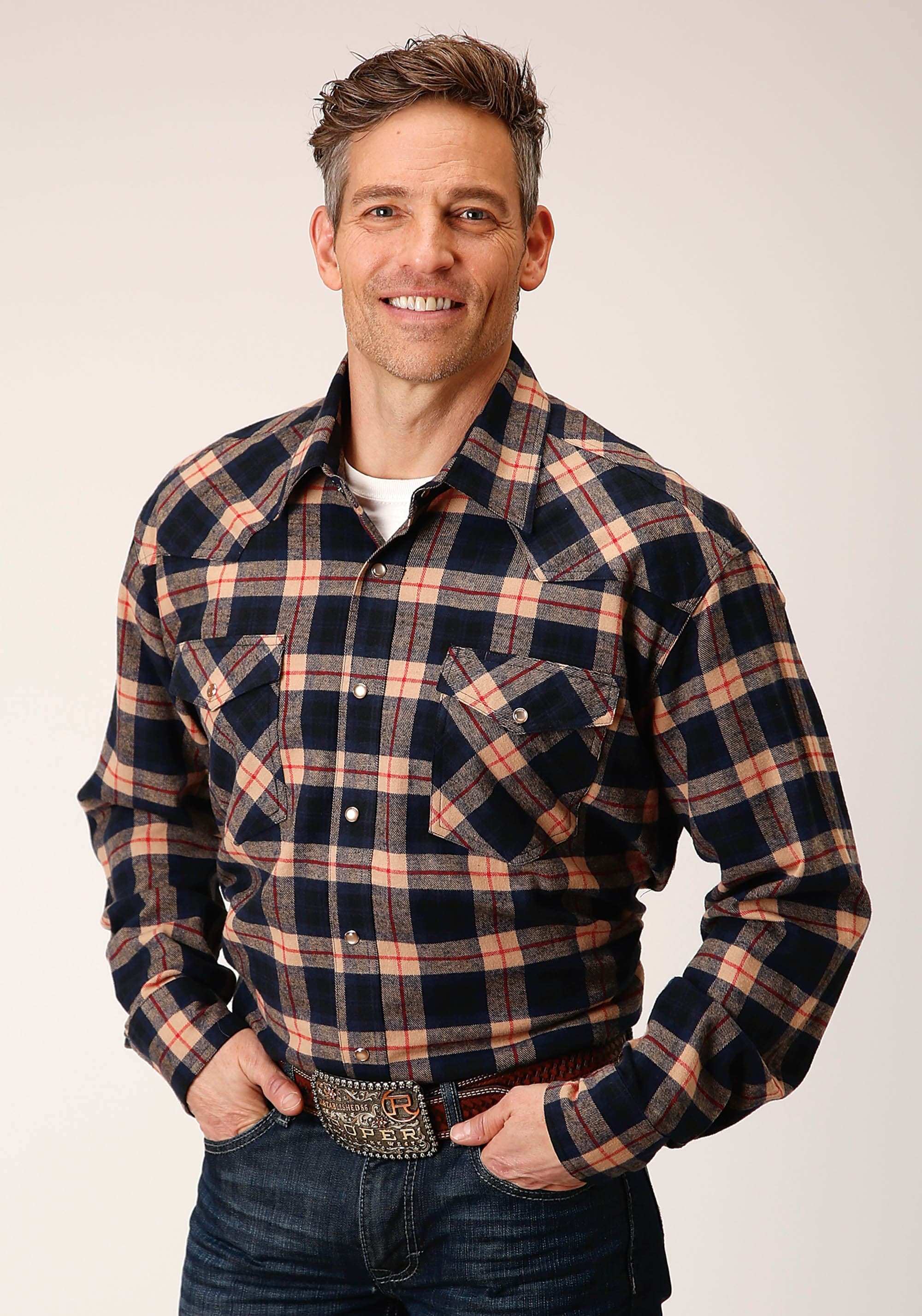 Roper Mens Long Sleeve Snap Unlined Tan Navy And Red Flannel Plaid Shirt Western Shirt Tall Fit - Roper - Flyclothing LLC