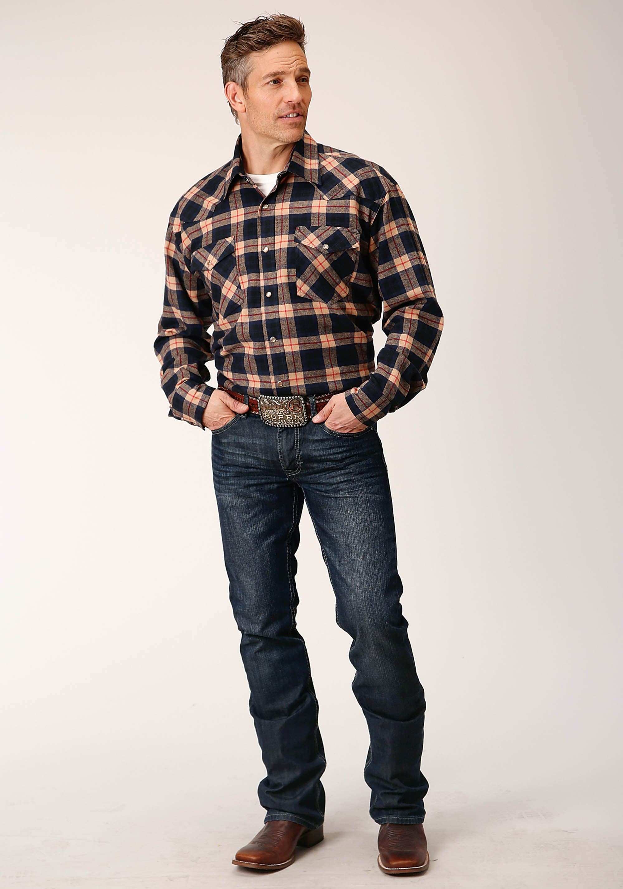 Roper Mens Long Sleeve Snap Unlined Tan Navy And Red Flannel Plaid Shirt Western Shirt Tall Fit - Roper - Flyclothing LLC