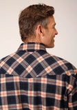 Roper Mens Long Sleeve Snap Unlined Tan Navy And Red Flannel Plaid Shirt Western Shirt Tall Fit - Roper