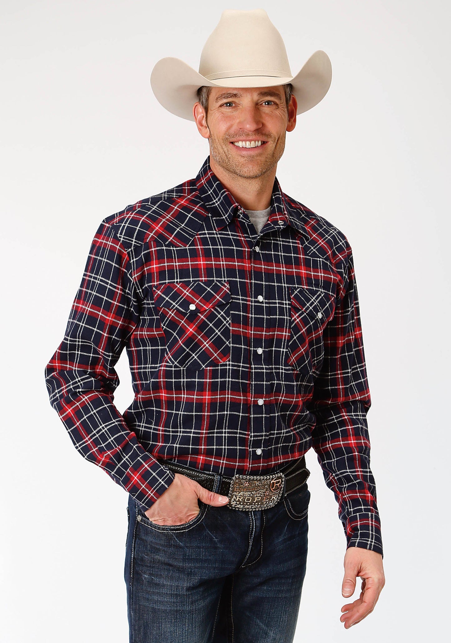Roper Mens Red Navy And White Plaid Long Sleeve Western Snap Shirt Tal