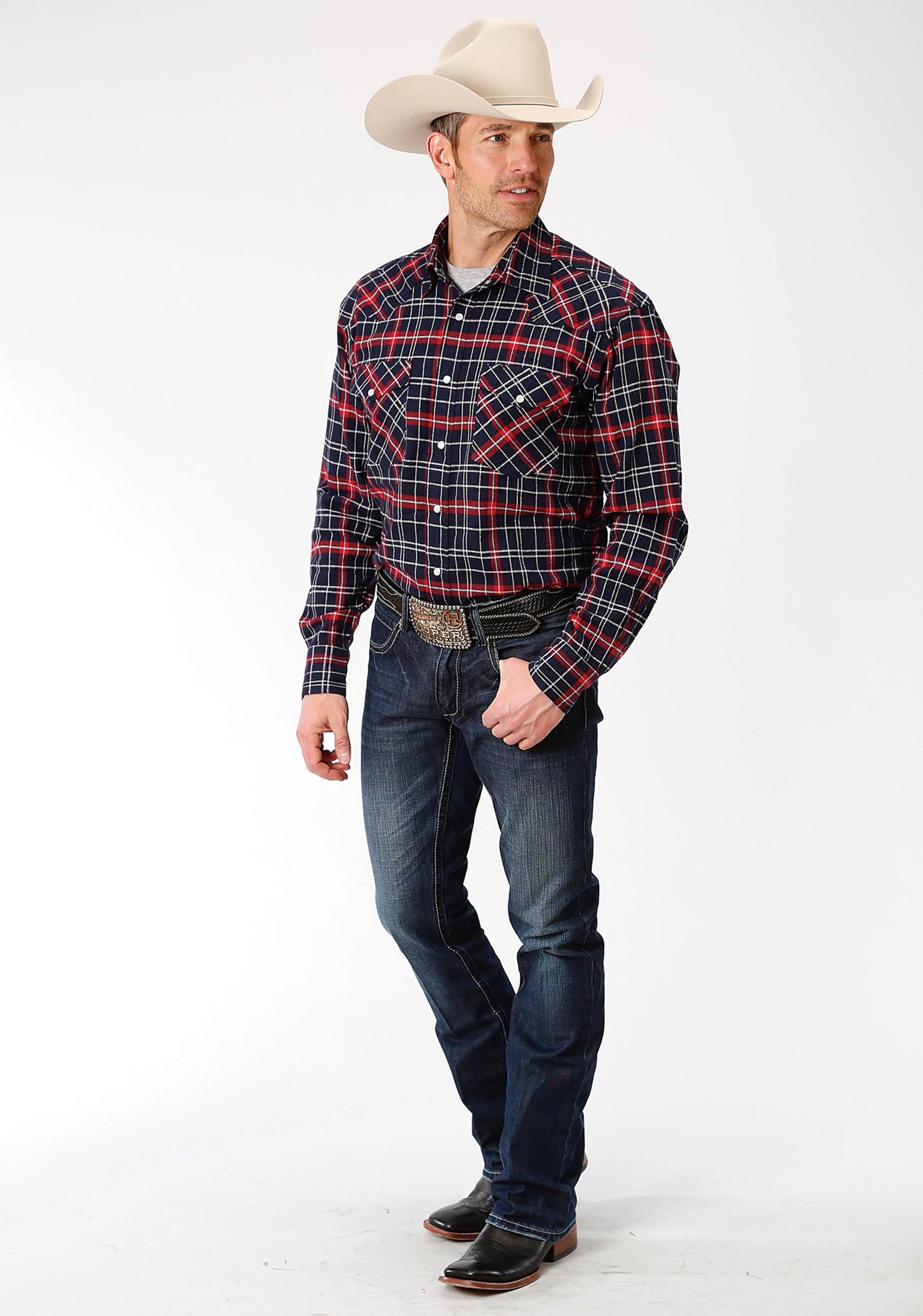 Roper Mens Red Navy And White Plaid Long Sleeve Western Snap Shirt Tall Fit