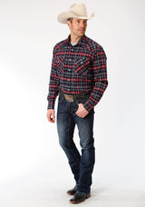 Roper Mens Red Navy And White Plaid Long Sleeve Western Snap Shirt Tall Fit