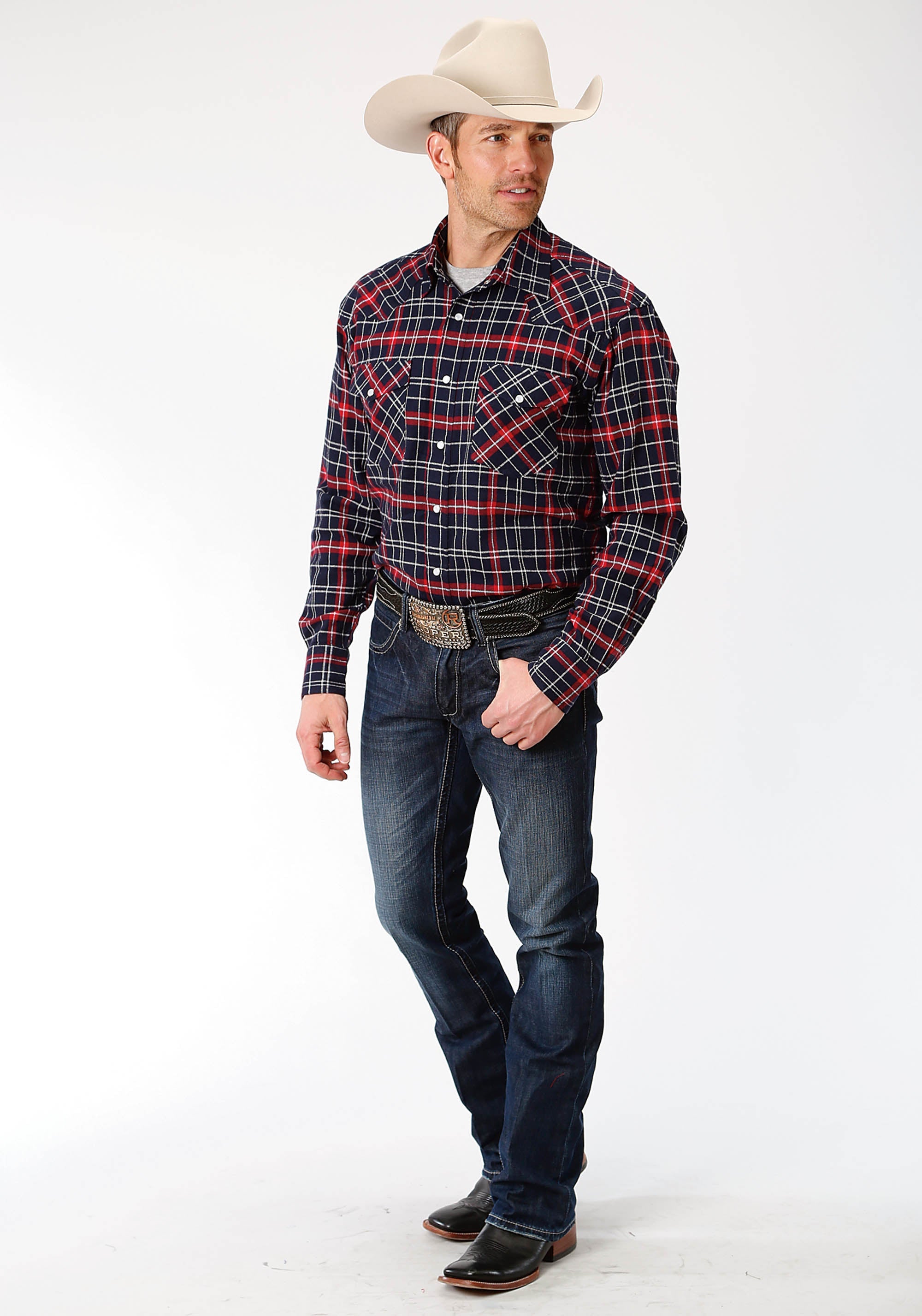 Roper Mens Red Navy And White Plaid Long Sleeve Western Snap Shirt Tall Fit