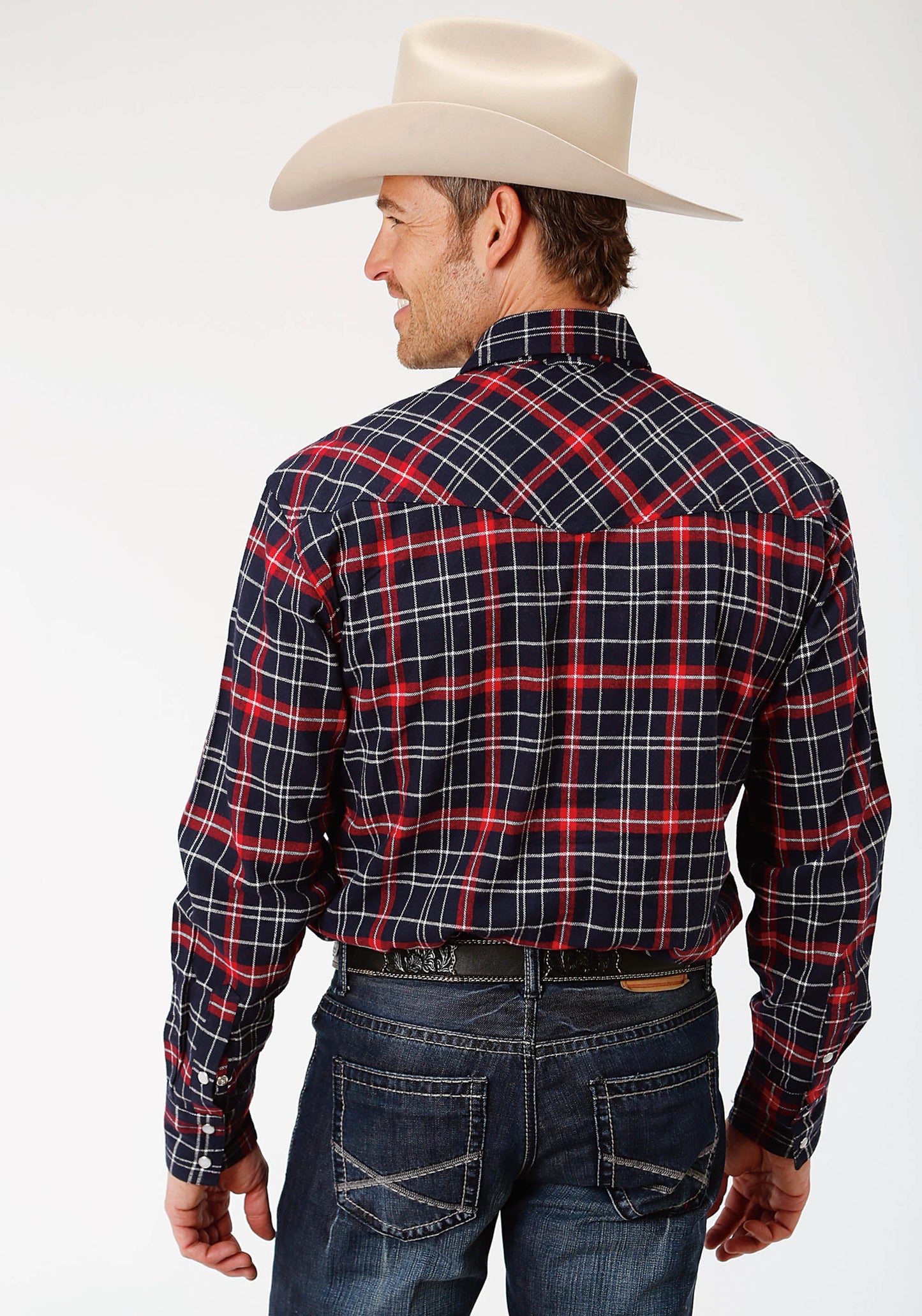 Roper Mens Red Navy And White Plaid Long Sleeve Western Snap Shirt Tall Fit