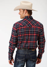 Roper Mens Red Navy And White Plaid Long Sleeve Western Snap Shirt Tall Fit