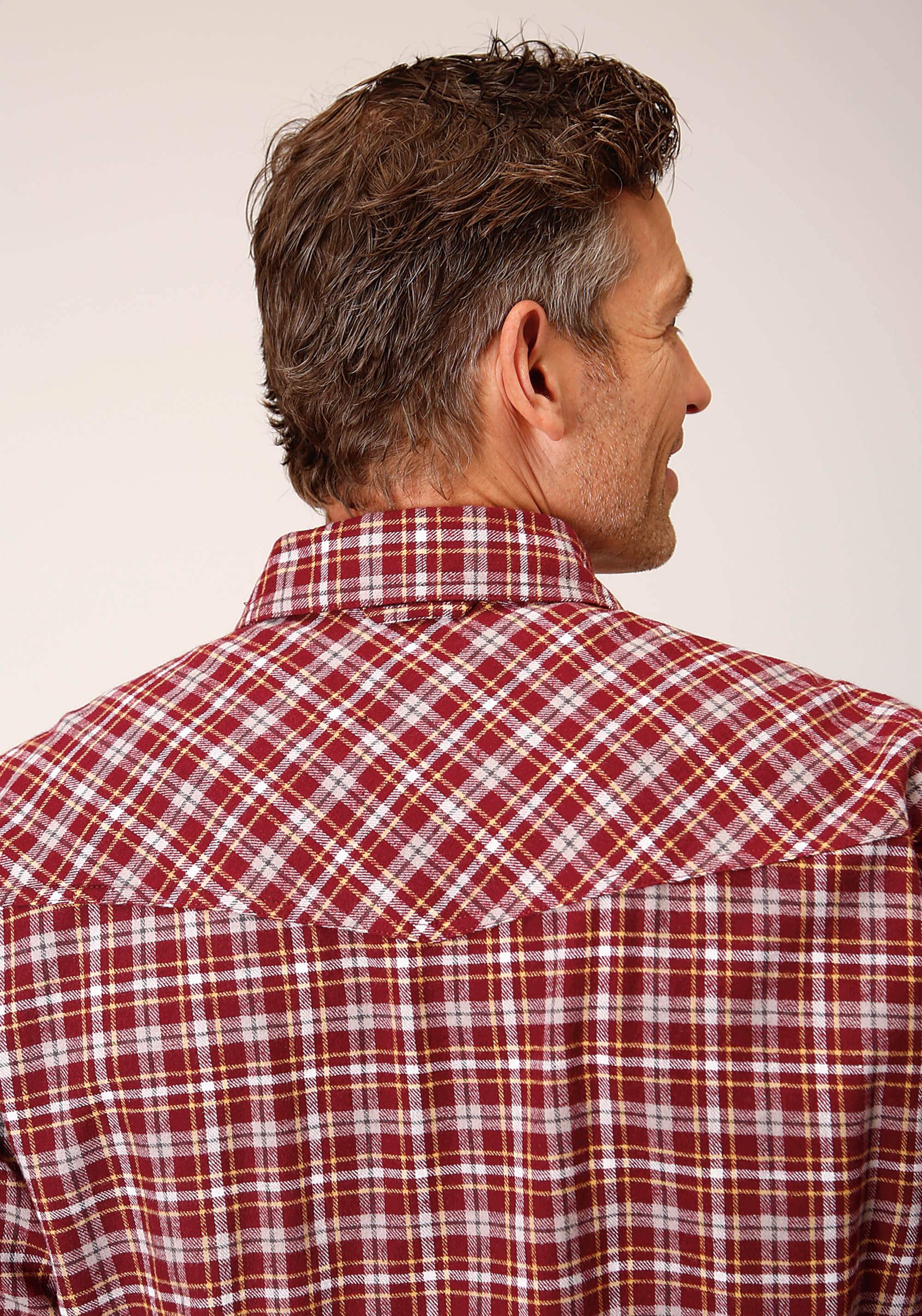 Roper Mens Long Sleeve Snap Unlined Wine Grey And Gold Flannel Plaid Shirt Western Shirt Tall Fit - Roper - Flyclothing LLC