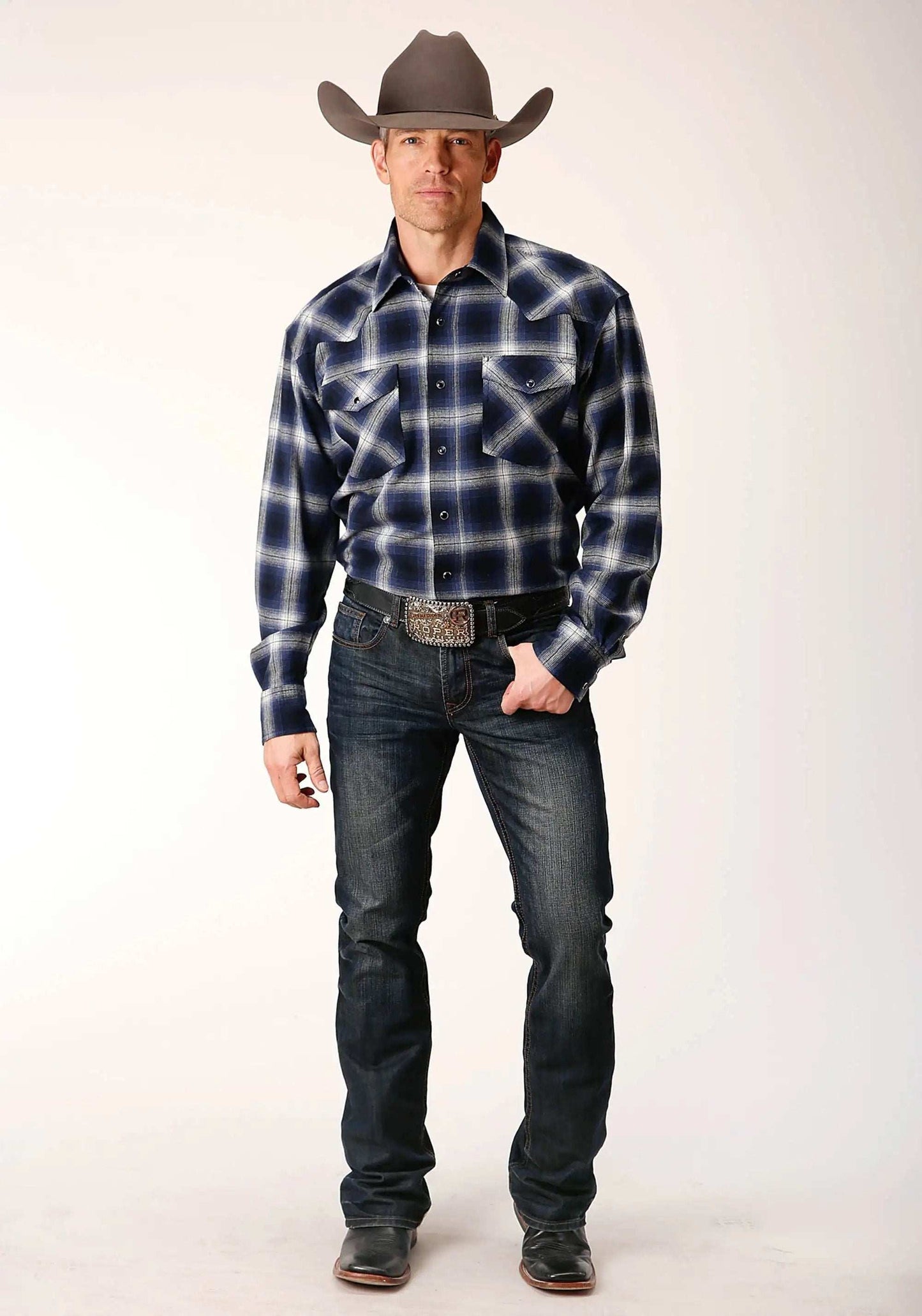 Roper Mens Long Sleeve Snap Unlined Navy Blue And Grey Flannel Plaid Shirt Western Shirt Tall Fit - Roper - Flyclothing LLC