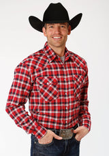 Roper Mens Red Navy And White Plaid Long Sleeve Western Snap Shirt Tal