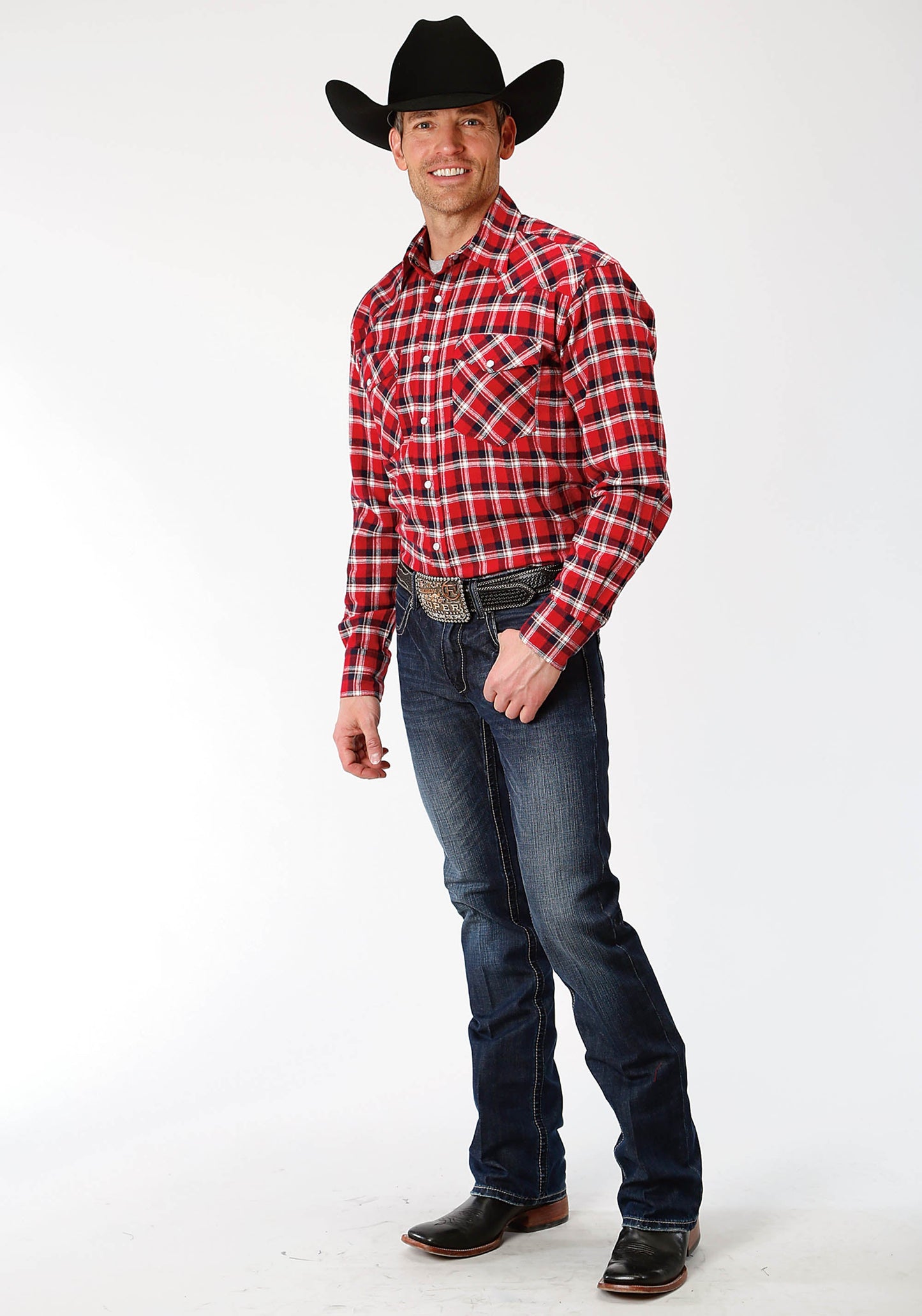 Roper Mens Red Navy And White Plaid Long Sleeve Western Snap Shirt Tall Fit