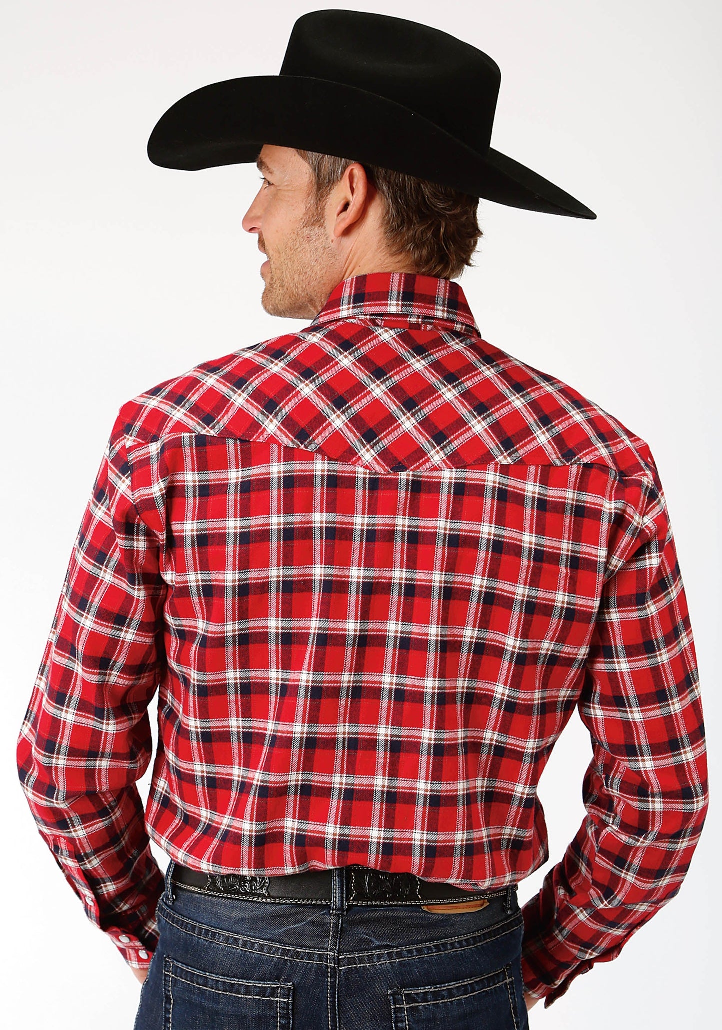 Roper Mens Red Navy And White Plaid Long Sleeve Western Snap Shirt Tall Fit