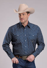 Roper Mens Long Sleeve Snap Stretch Poplin Paisley - Navy Western Shir