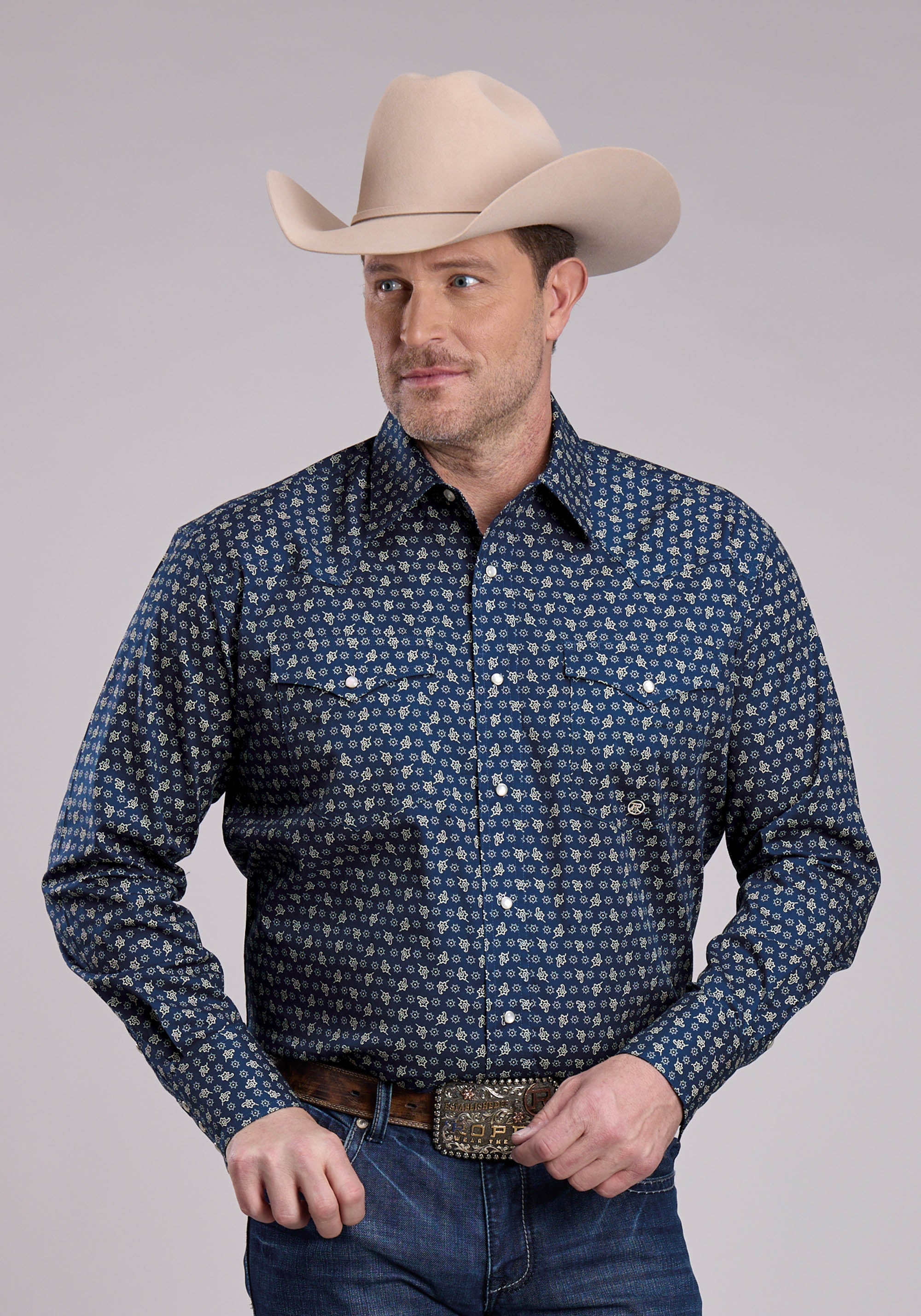 Roper Mens Long Sleeve Snap Stretch Poplin Paisley - Navy Western Shir