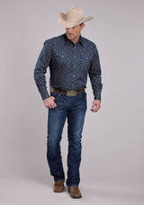 Roper Mens Long Sleeve Snap Stretch Poplin Paisley - Navy Western Shirt