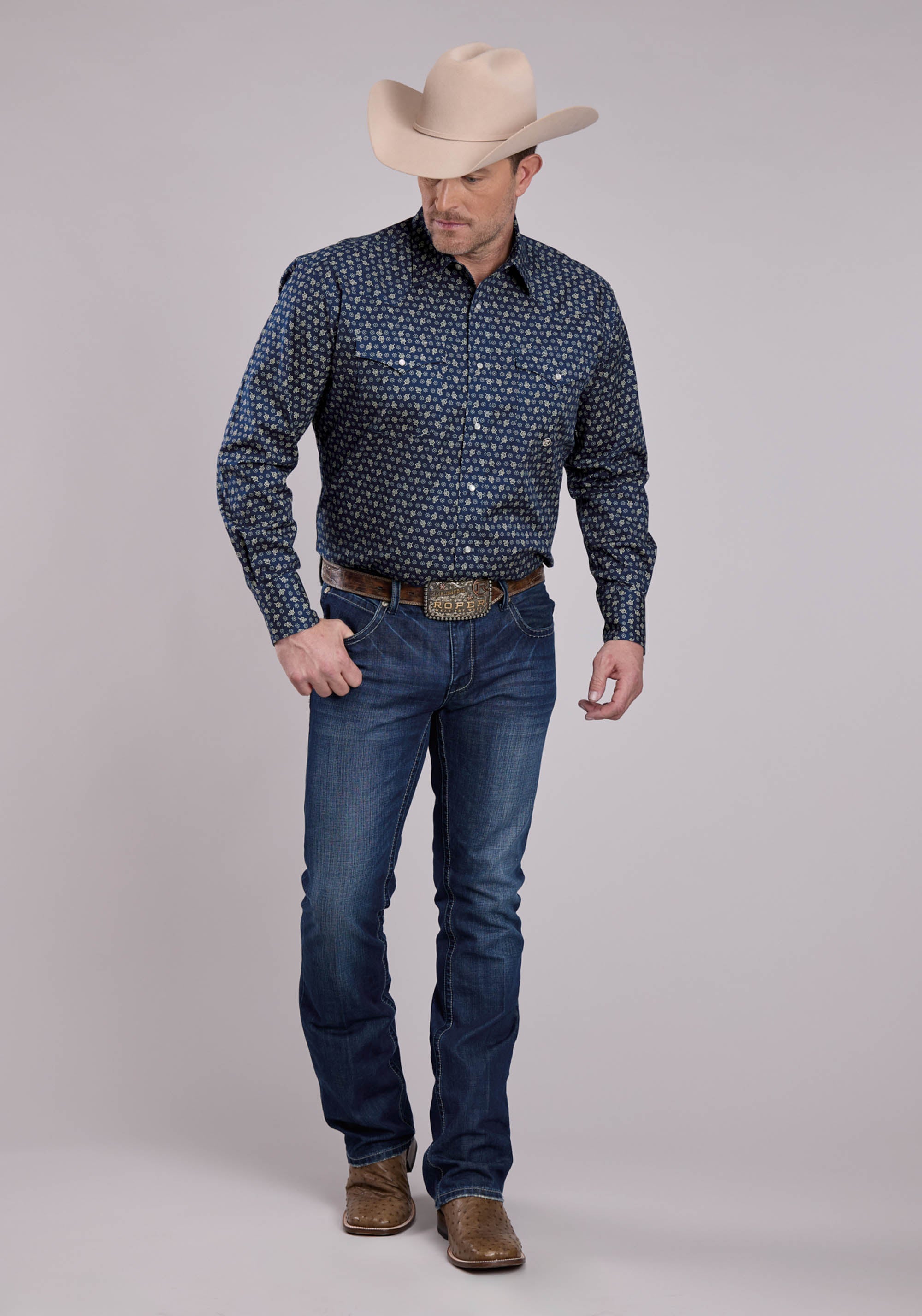 Roper Mens Long Sleeve Snap Stretch Poplin Paisley - Navy Western Shirt