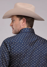 Roper Mens Long Sleeve Snap Stretch Poplin Paisley - Navy Western Shirt