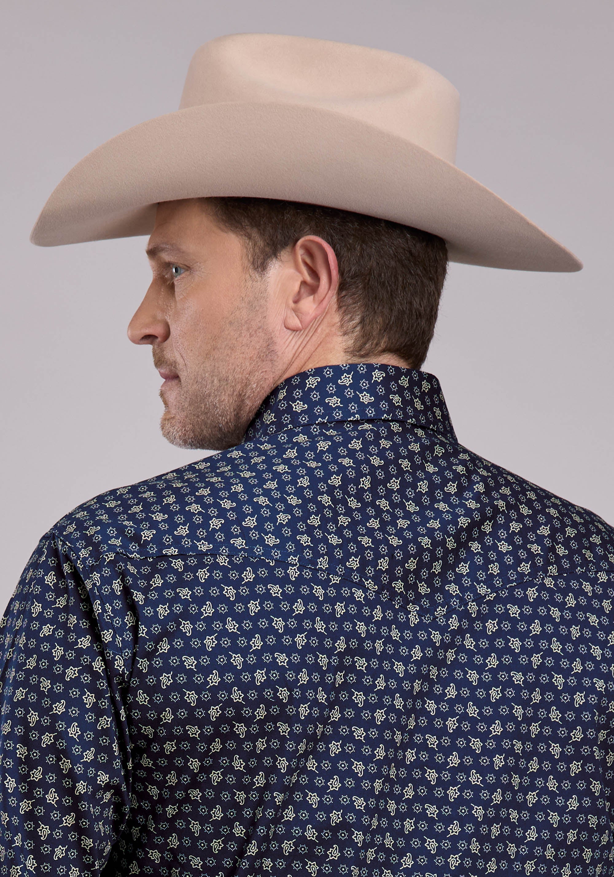 Roper Mens Long Sleeve Snap Stretch Poplin Paisley - Navy Western Shirt