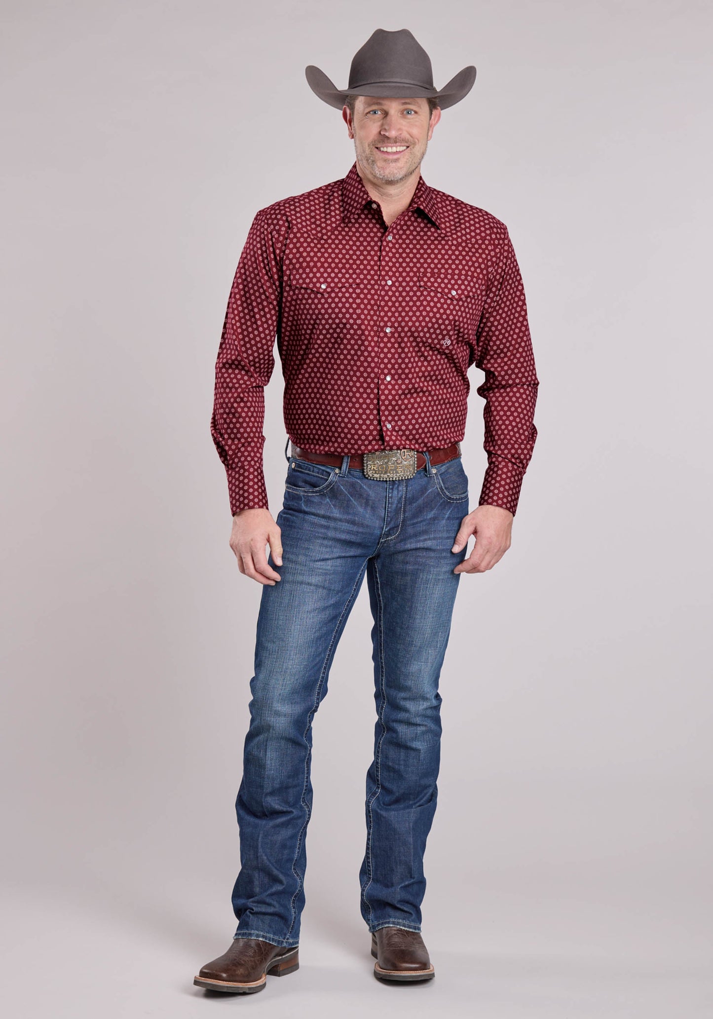 Mens Roper Red Stretch Foulard Long Sleeve Snap Shirt