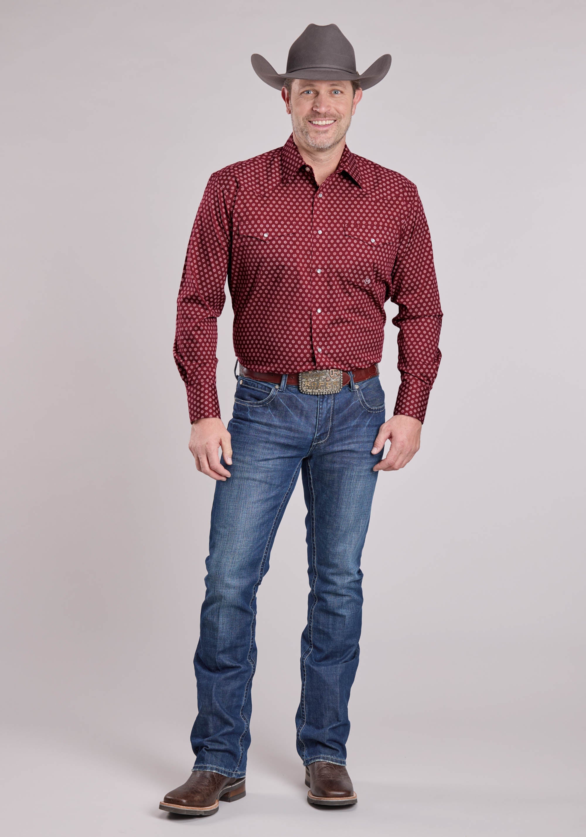 Mens Roper Red Stretch Foulard Long Sleeve Snap Shirt