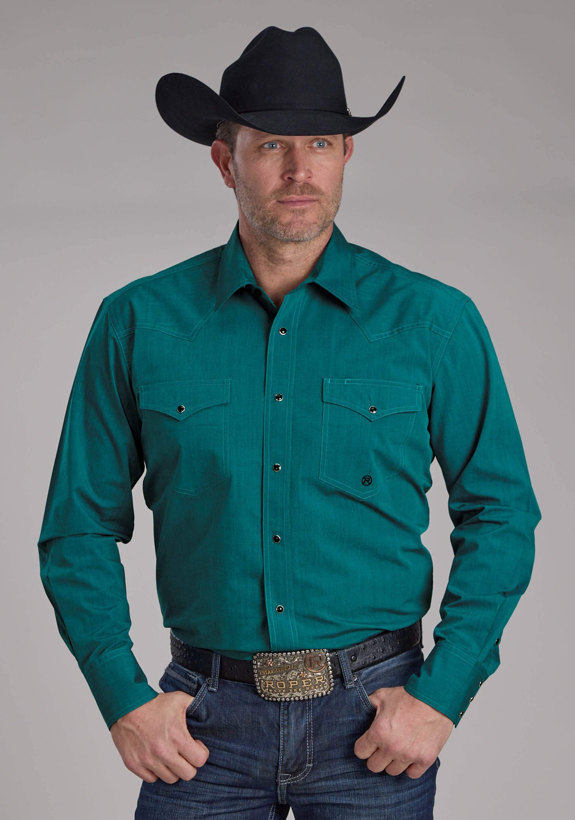 Roper Mens Black Fill Solid Poplin - Teal Long Sleeve Snap Western Shirt - Roper - Flyclothing LLC