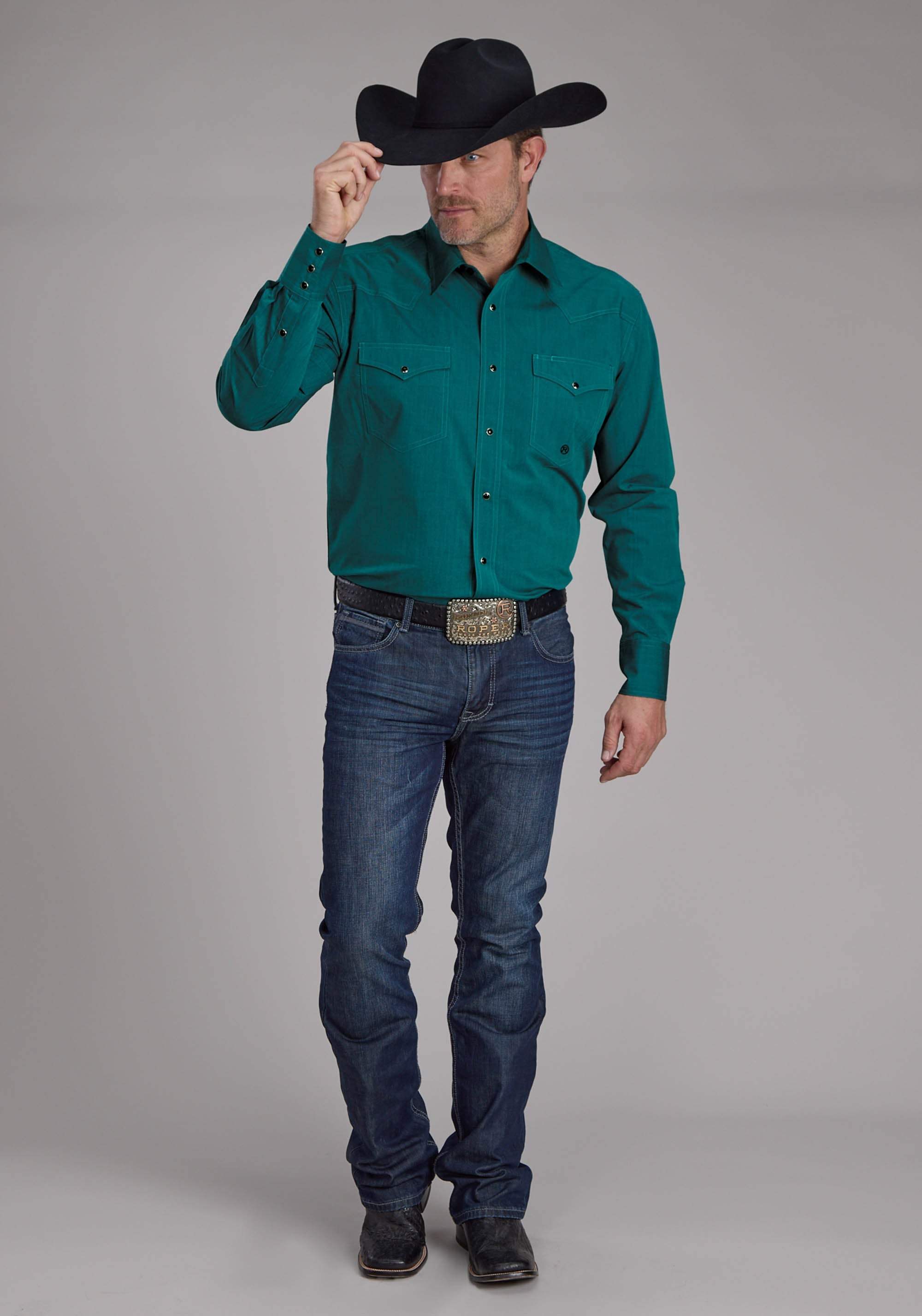 Roper Mens Black Fill Solid Poplin - Teal Long Sleeve Snap Western Shirt - Roper - Flyclothing LLC