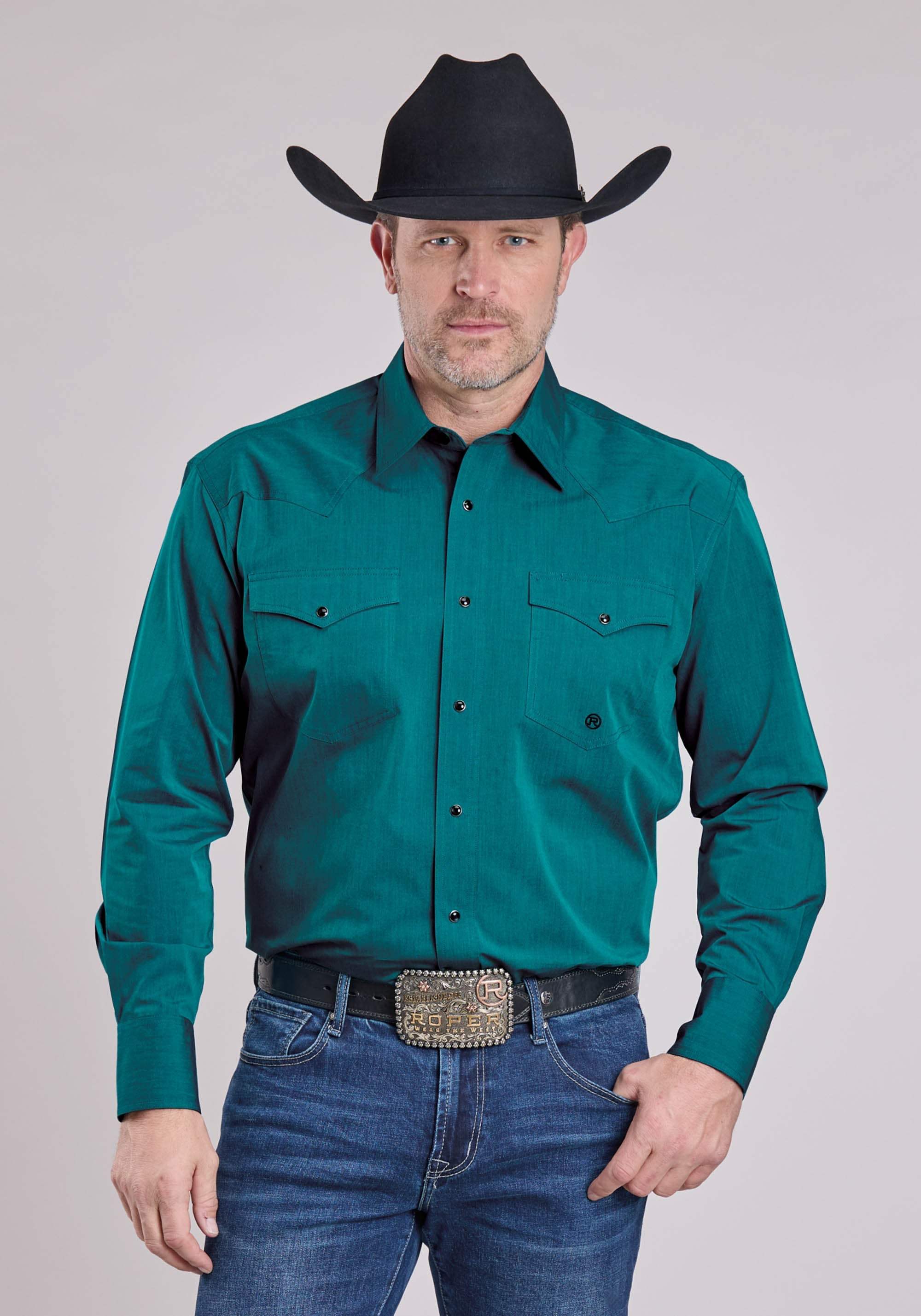 Mens Roper Solid Black Fill Teal Long Sleeve Snap Shirt - Roper - Flyclothing LLC