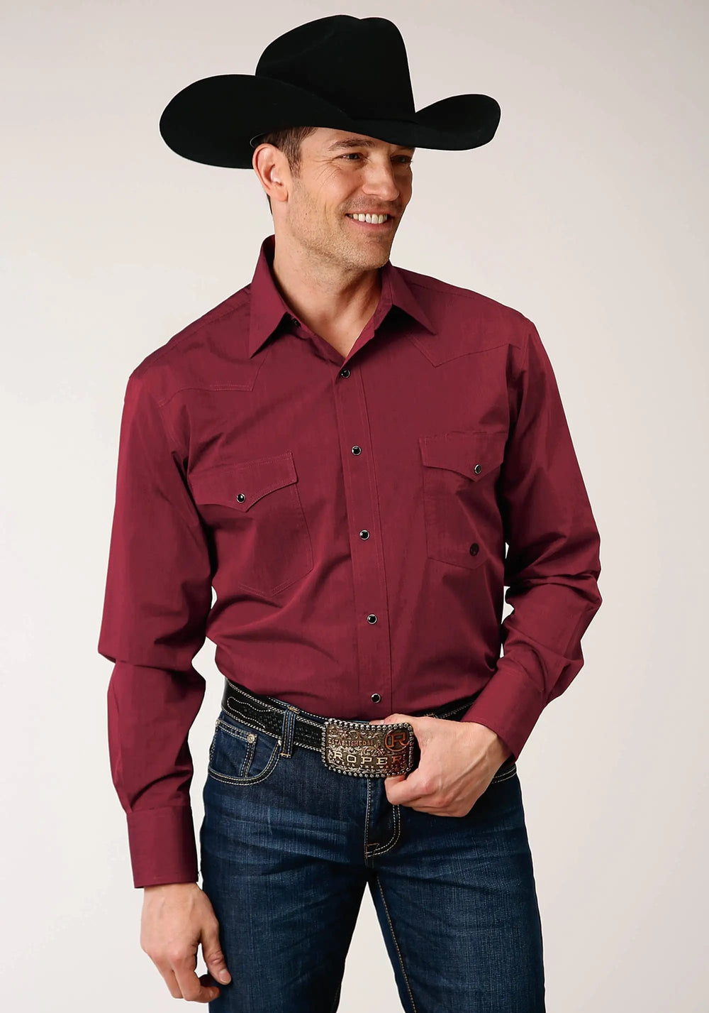 Roper Mens Long Sleeve Snap Black Fill Solid  Wine Western Shirt Tall Fit - Roper