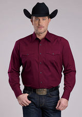 Roper Mens Long Sleeve Snap Black Fill - Wine Western Shirt
