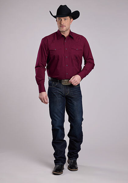Roper Mens Long Sleeve Snap Black Fill - Wine Western Shirt