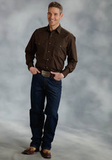 Roper Mens Brown Solid Long Sleeve Western Snap Shirt Tall Fit