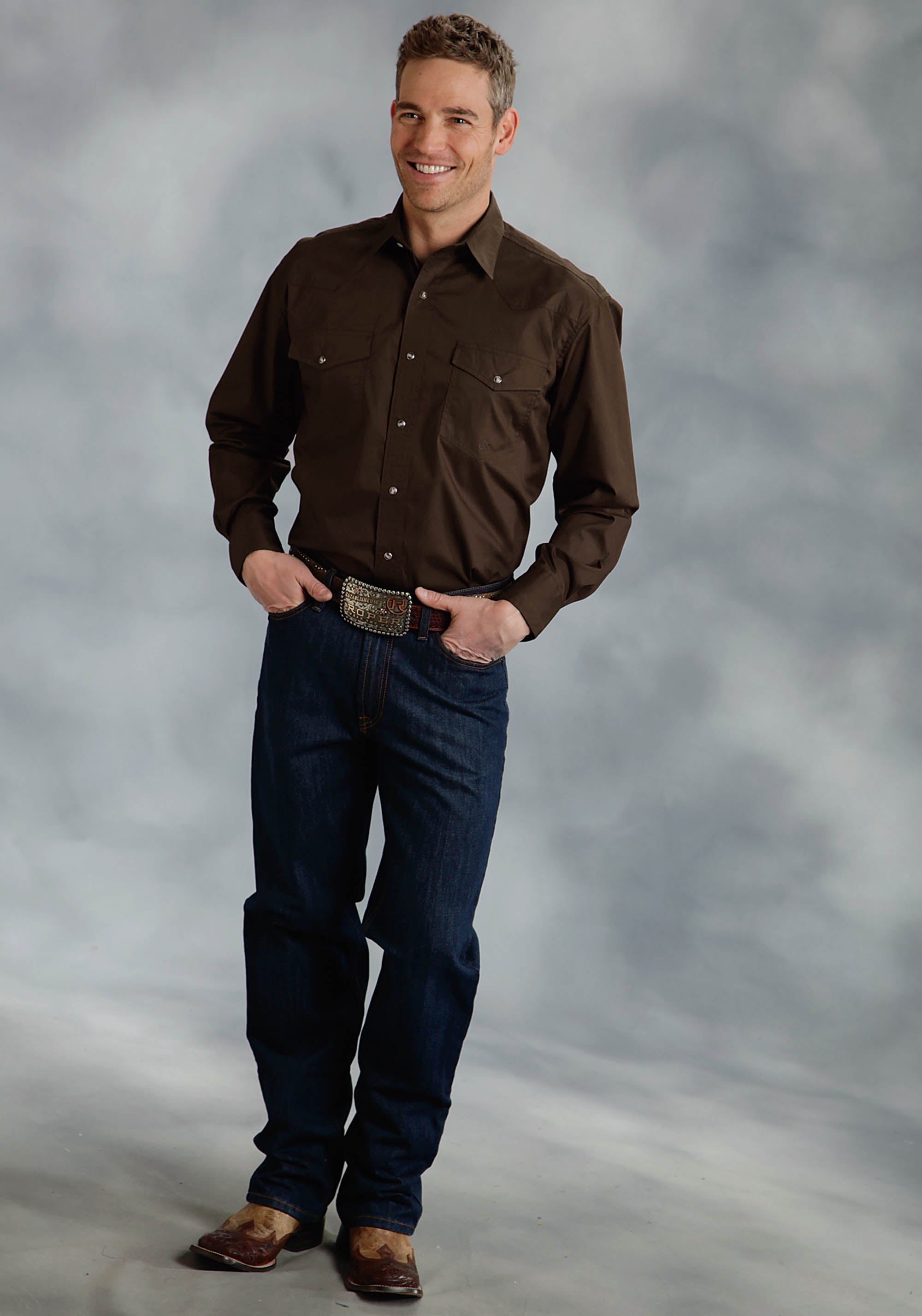Roper Mens Brown Solid Long Sleeve Western Snap Shirt Tall Fit