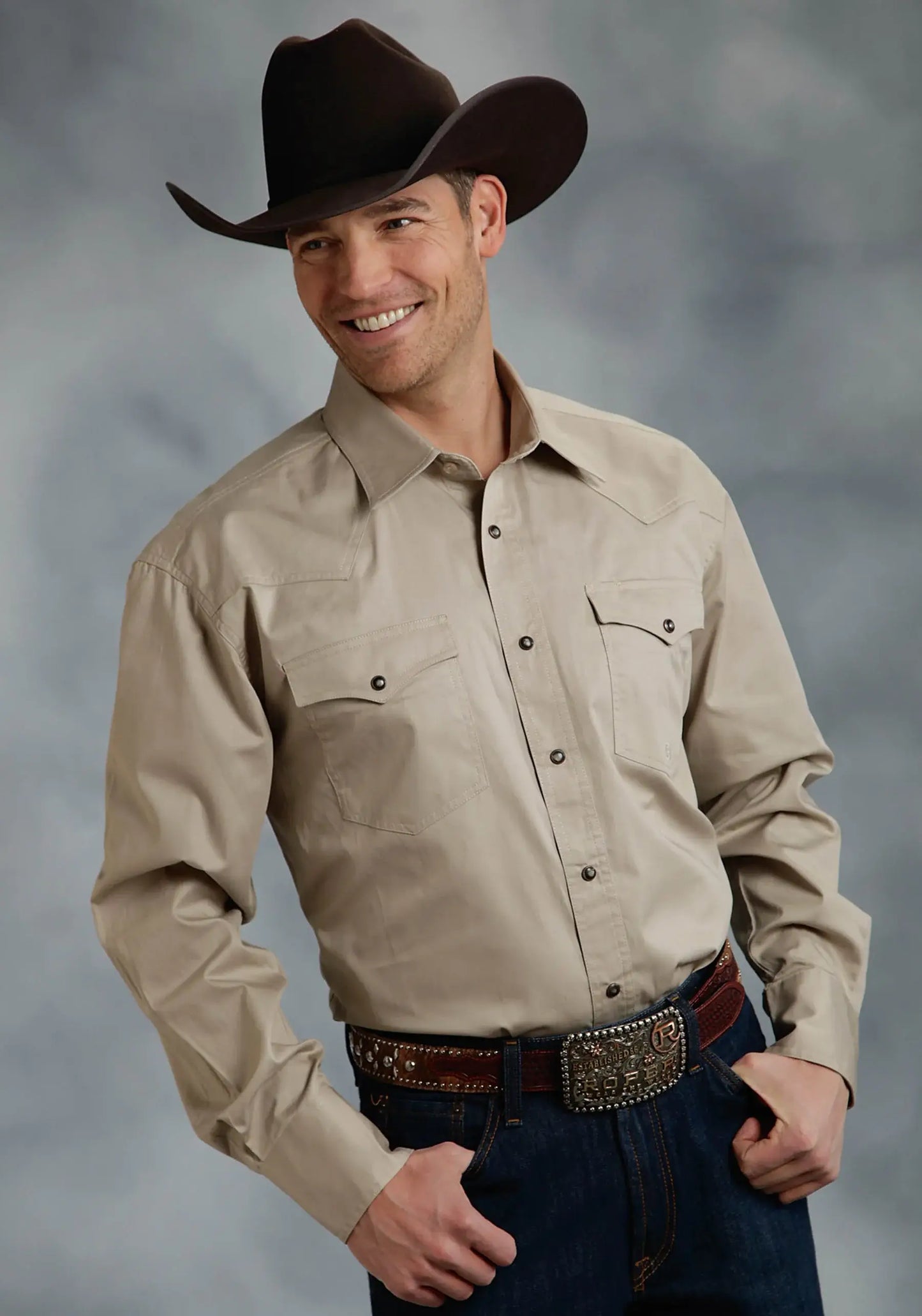 Roper Mens Khaki Solid Long Sleeve Western Snap Shirt Tall Fit - Roper - Flyclothing LLC