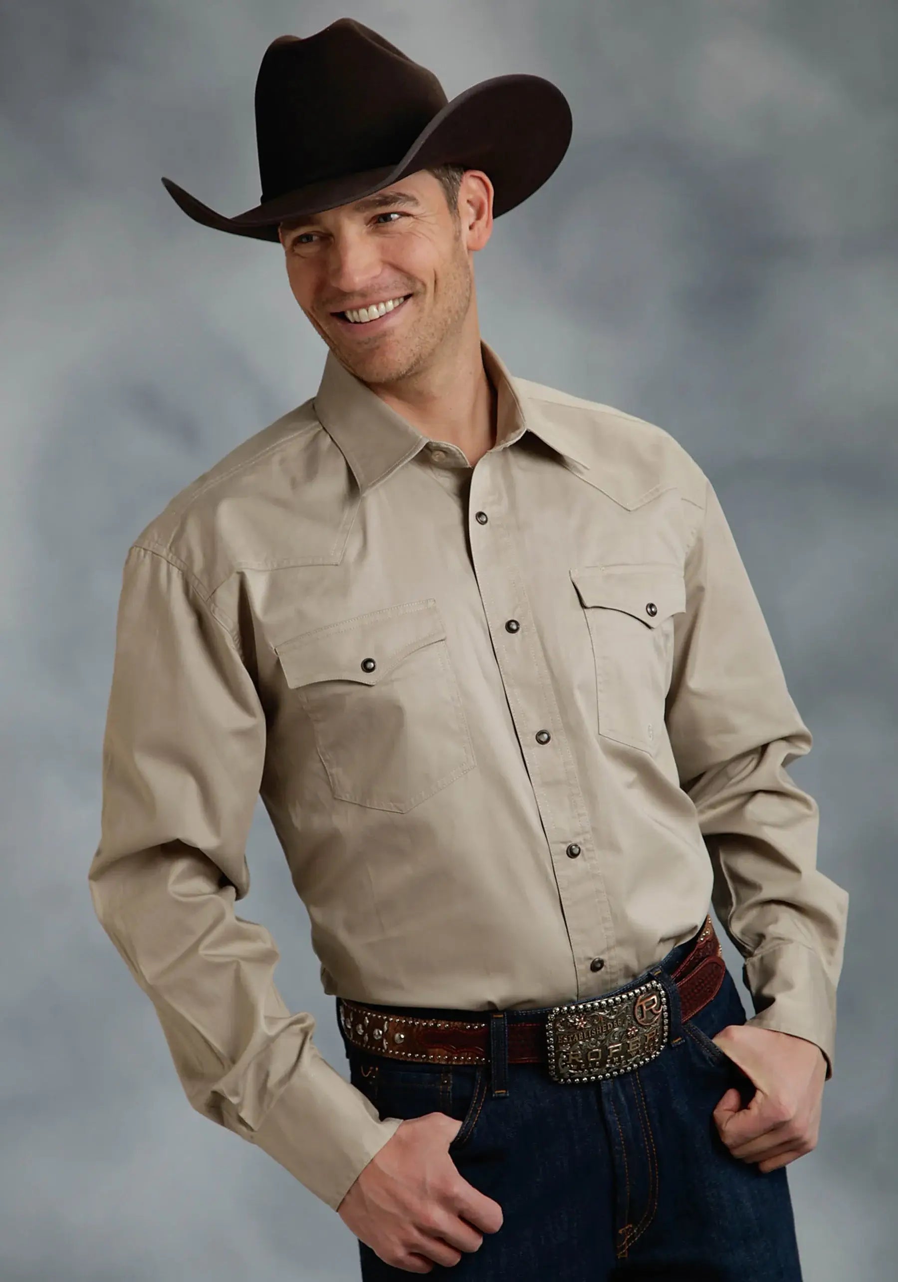 Roper Mens Khaki Solid Long Sleeve Western Snap Shirt Tall Fit - Roper - Flyclothing LLC