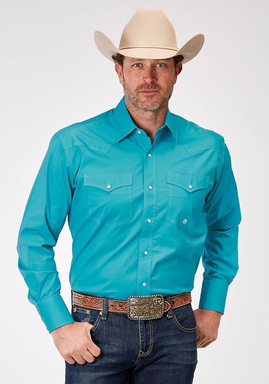 Roper Mens Long Sleeve Snap Solid Poplin Stretch Turquoise Western Shirt Tall Fit - Roper
