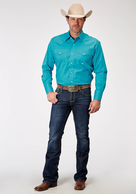 Roper Mens Long Sleeve Snap Solid Poplin Stretch Turquoise Western Shirt Tall Fit - Roper