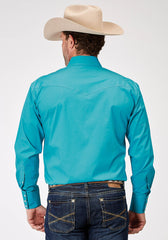 Roper Mens Long Sleeve Snap Solid Poplin Stretch Turquoise Western Shirt Tall Fit - Roper