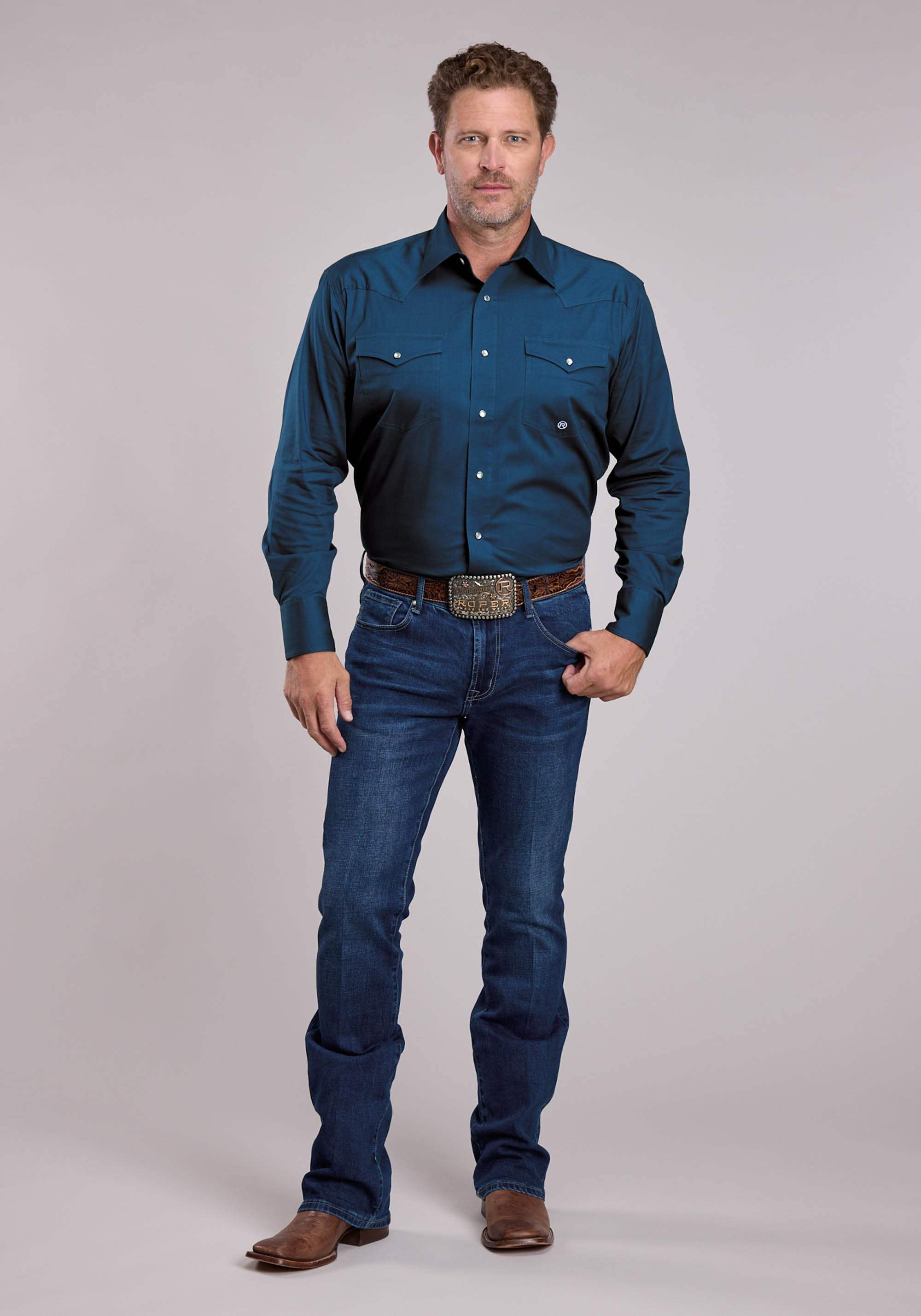 Mens Roper Solid Stretch Navy Long Sleeve Snap Shirt - Roper - Flyclothing LLC