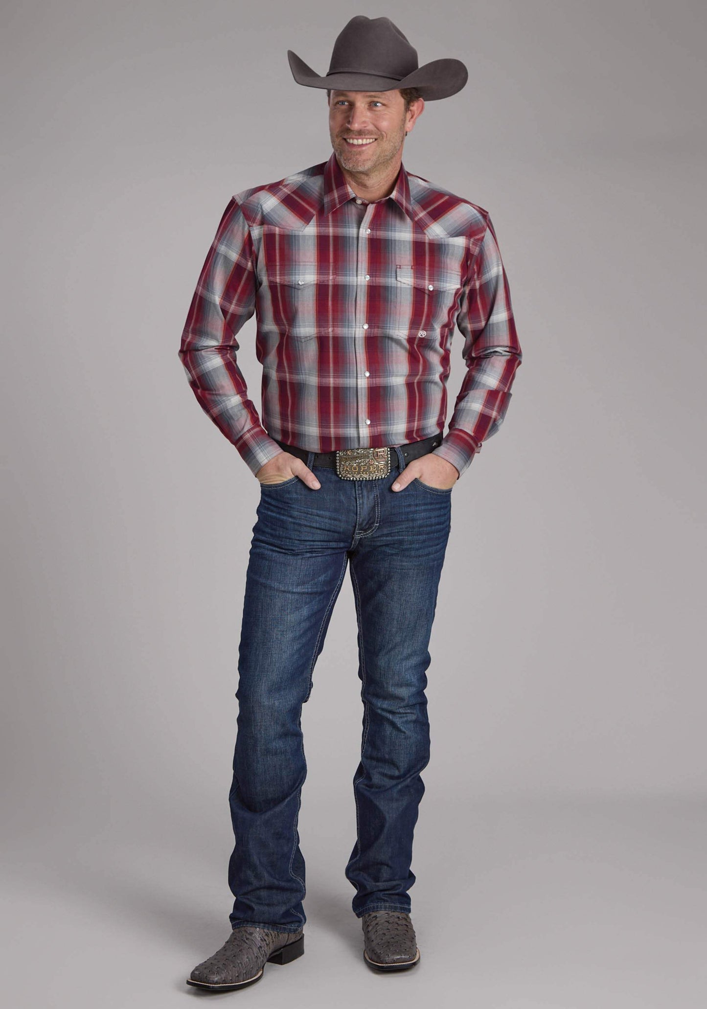 Roper Mens Wine And Smoke Plaid Long Sleeve Snap Western Shirt - Roper - Flyclothing LLC