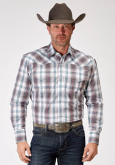 Roper Mens Long Sleeve Snap Gray Cloud Plaid Western Shirt Tall Fit - Roper