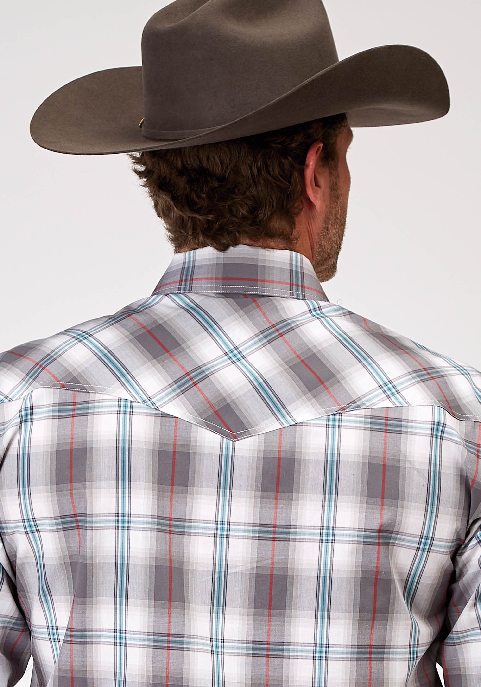 Roper Mens Long Sleeve Snap Gray Cloud Plaid Western Shirt Tall Fit - Roper
