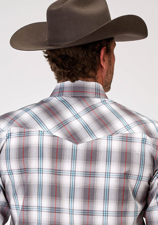 Roper Mens Long Sleeve Snap Gray Cloud Plaid Western Shirt Tall Fit - Roper