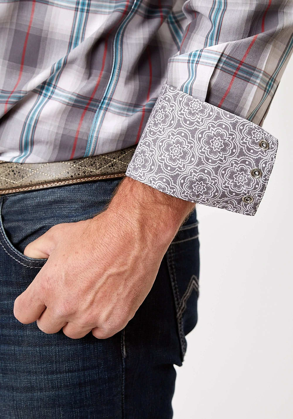 Roper Mens Long Sleeve Snap Gray Cloud Plaid Western Shirt Tall Fit - Roper - Flyclothing LLC