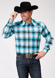 Roper Mens Long Sleeve Snap Stretch Poplin Turquoise Plaid Western Shirt Tall Fit - Roper