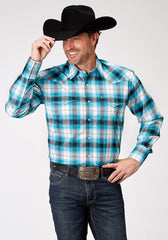 Roper Mens Long Sleeve Snap Stretch Poplin Turquoise Plaid Western Shirt Tall Fit - Roper