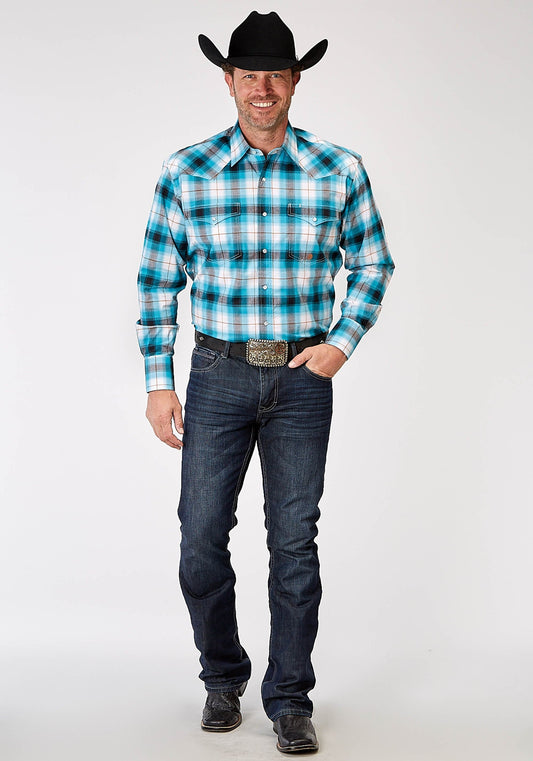 Roper Mens Long Sleeve Snap Stretch Poplin Turquoise Plaid Western Shirt Tall Fit - Roper
